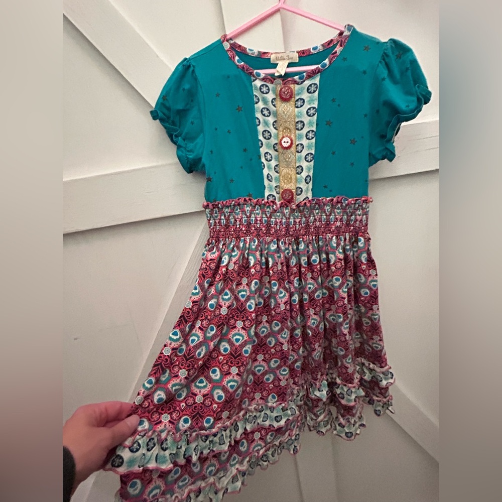 Matilda Jane Teal, Coral, & Yellow Smocked Sundress with Puff Cap Sleeves- Sz 8 - Picture 5 of 16